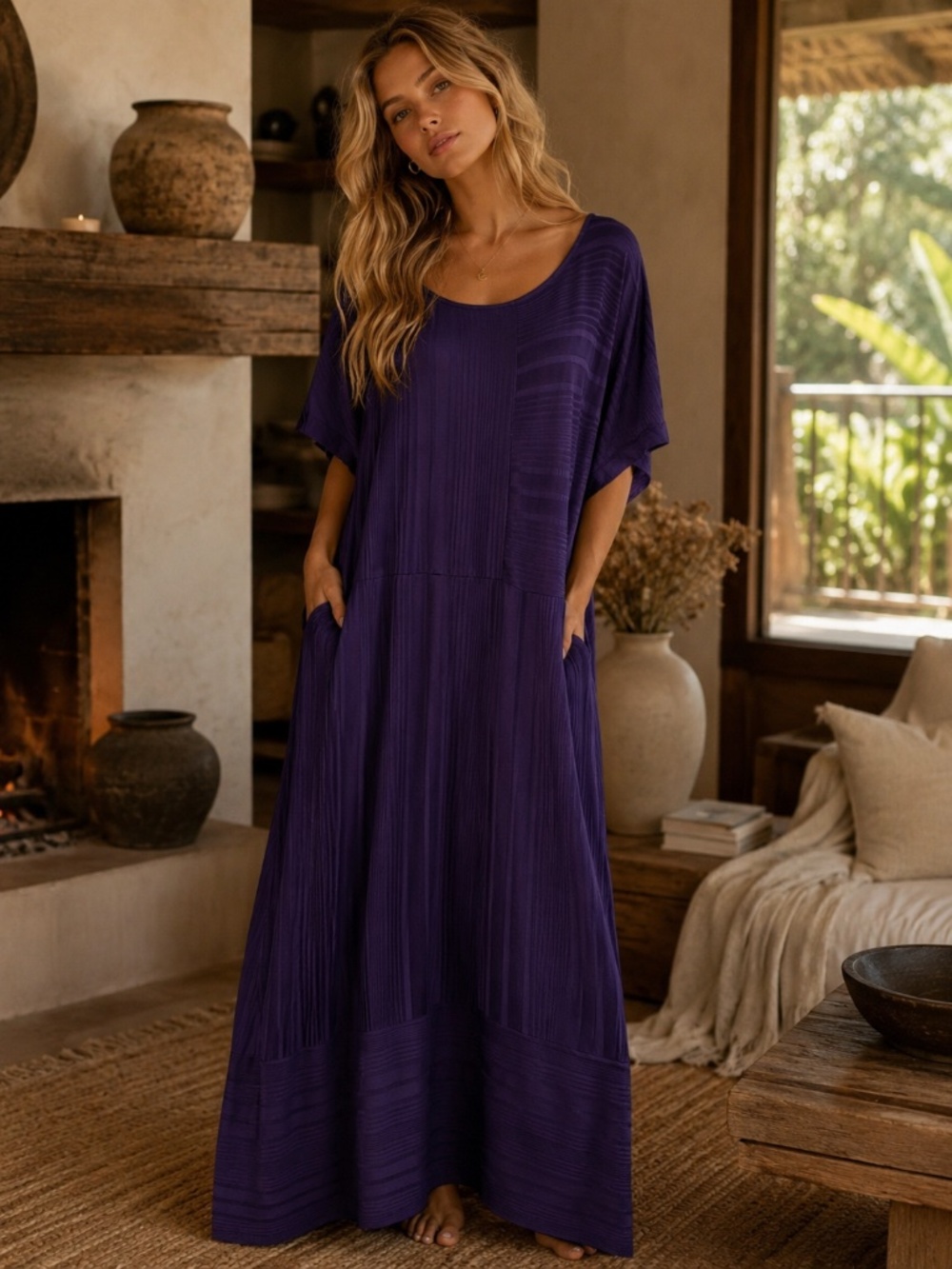 Pier Antonio Gaspari Dark Purple Jersey Striped Short Sleeve Maxi Dress